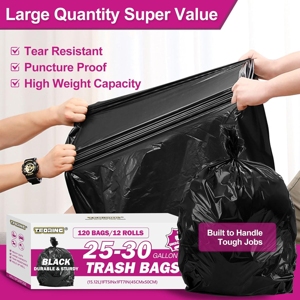 25-30 Gallon Trash Bags Black 120 Count - 32" x 36" Large Kitchen Garbage Bags, 20+ Gallon Trash
