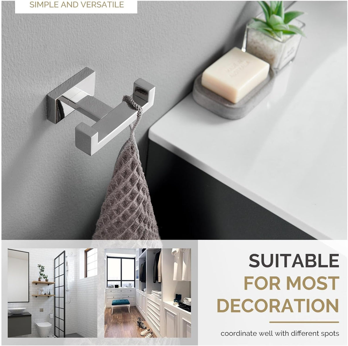 Angle Simple Bathroom Towel Hook, SUS 304 Stainless Steel Hand Towel Double Hook for Wall, Robe