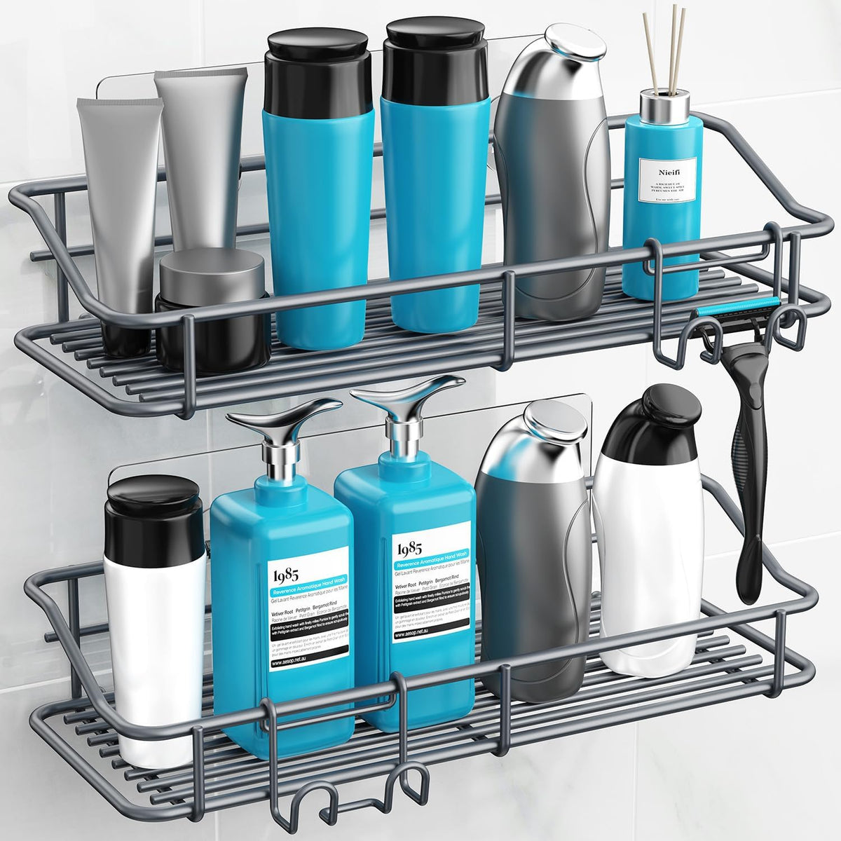 Nieifi Shower Caddy Shelf with Hooks Storage Rack Organizer Adhesive Stainless Steel Without