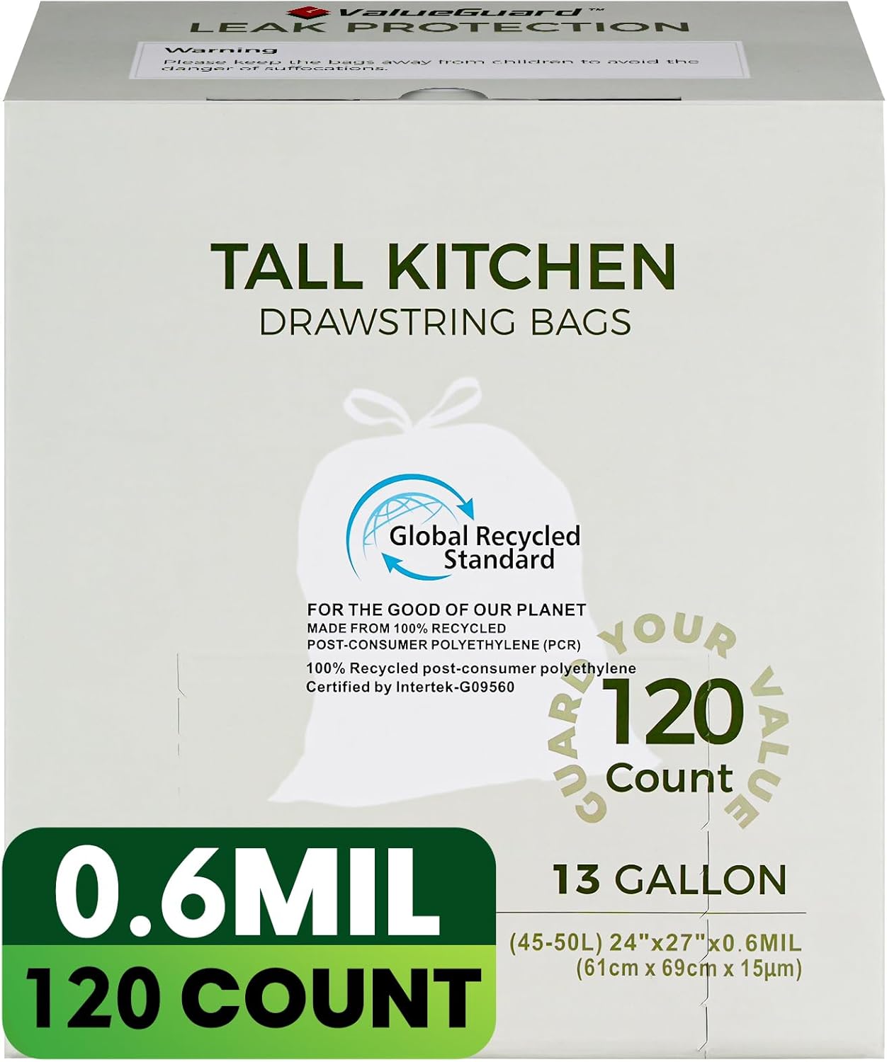 Large Trash Bag 13 Gallon Tall Drawstring 100% Post-Consumer Recycled Garbage Bag Waste Bag for