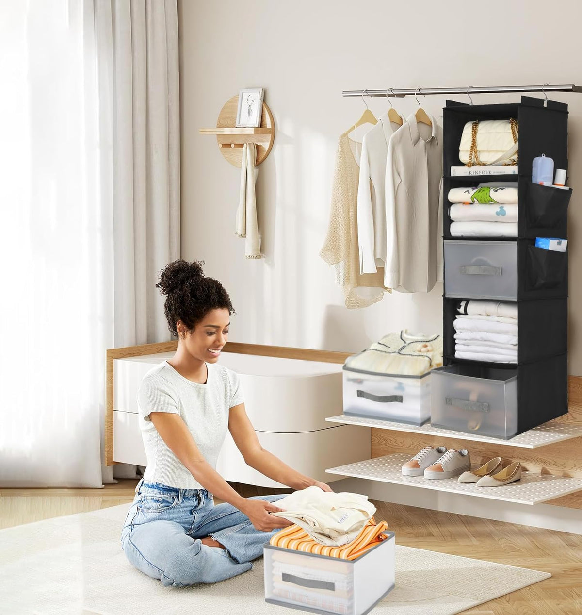 5-Layer Suspended Fabric Shelf Organizer, Equipped with 2 Sturdy Hooks, 2 Separate Drawers, and