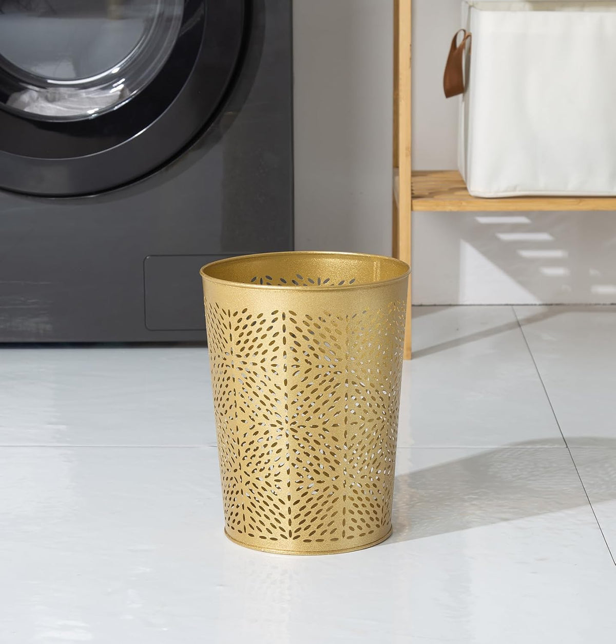 Small Gold Metal Trash Can Wastebasket, Decorative Hollow-Out Garbage Can Waste Paper Bin, Modern