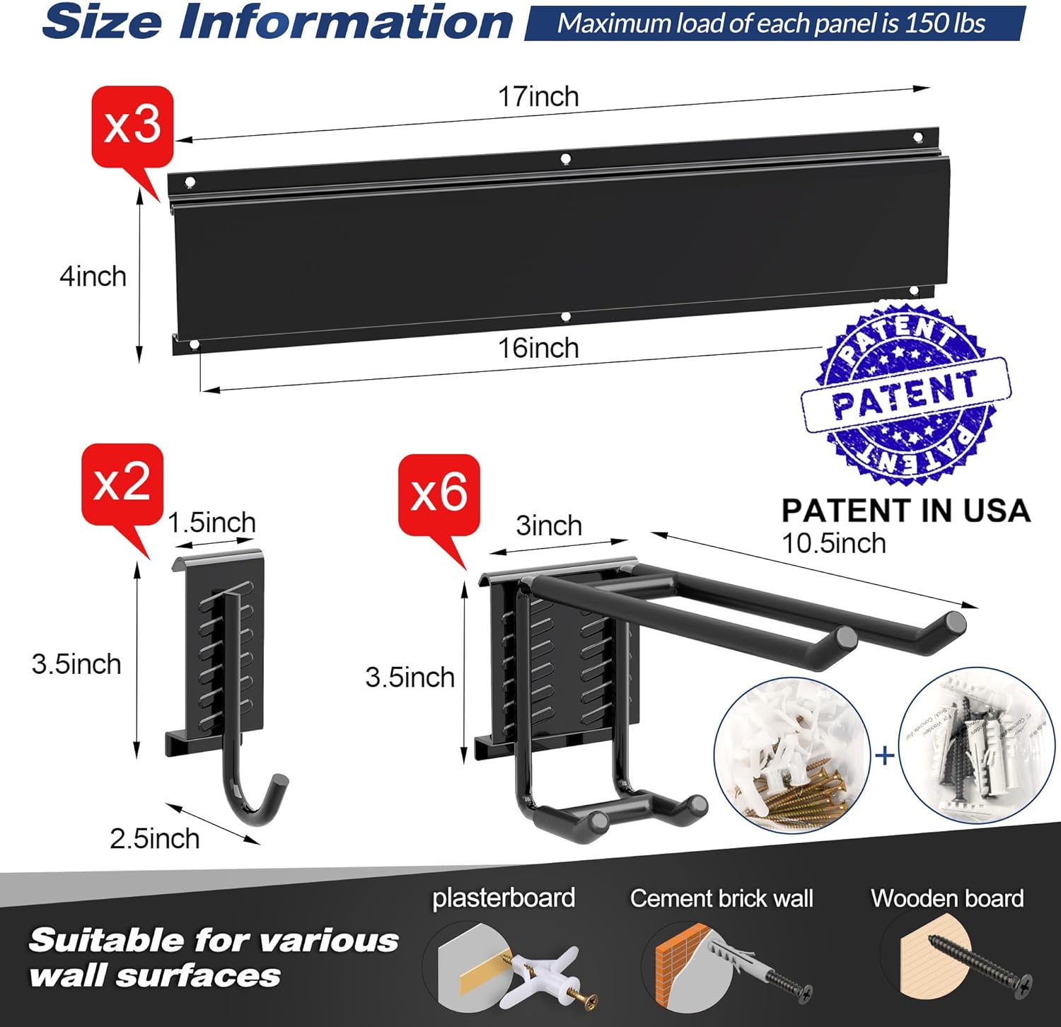 Storaboks Heavy Duty Garage Storage Rack System, Wall Mounted Tool Organizer with 8 Double Hooks, 3