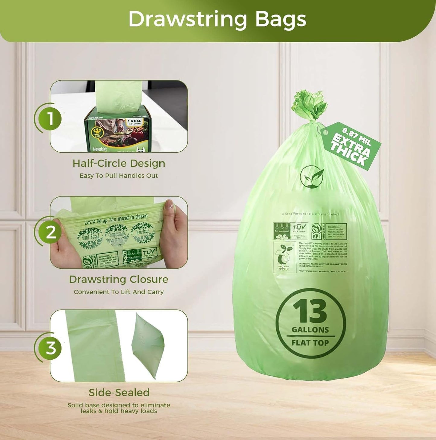 13 Gallon Compostable Trash Bags with Flat-Top, Thick 0.87 Mil, 49.21 Liter, 50 Bags, Tall Kitchen