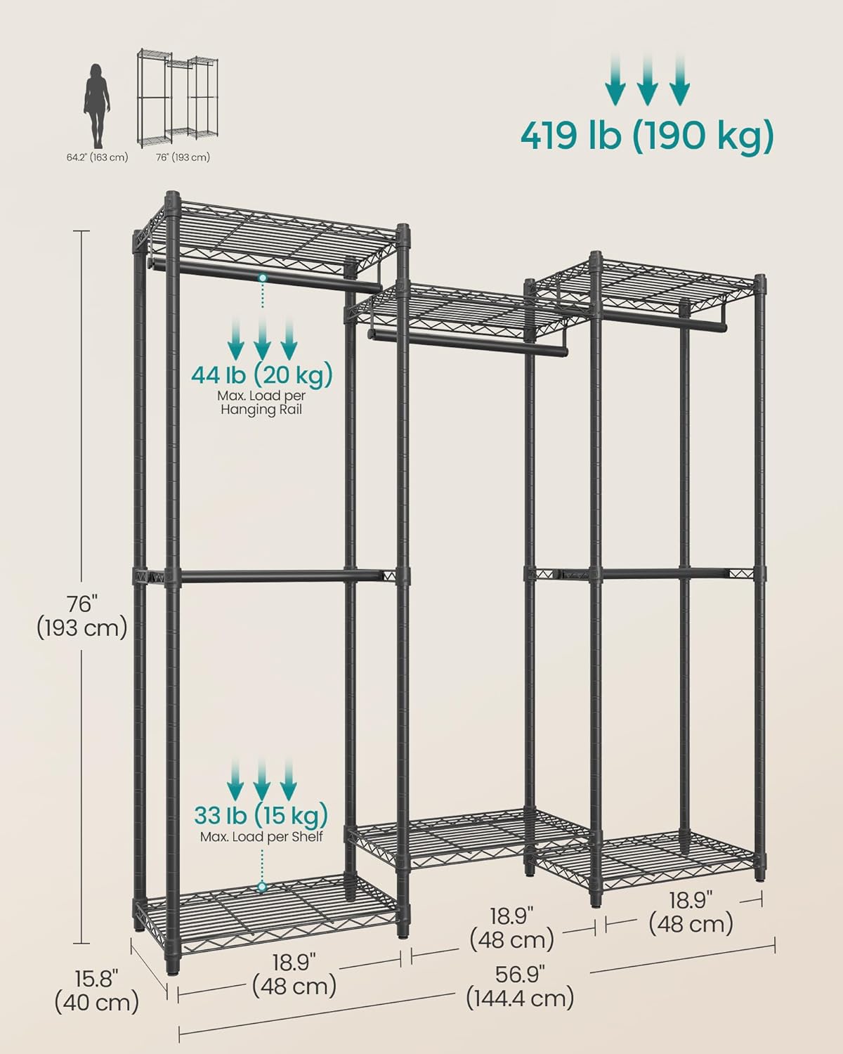 SONGMICS Heavy-Duty Clothes Rack, Garment Rack, Portable Closet, 56.9-Inch Wide Clothing Rack, with