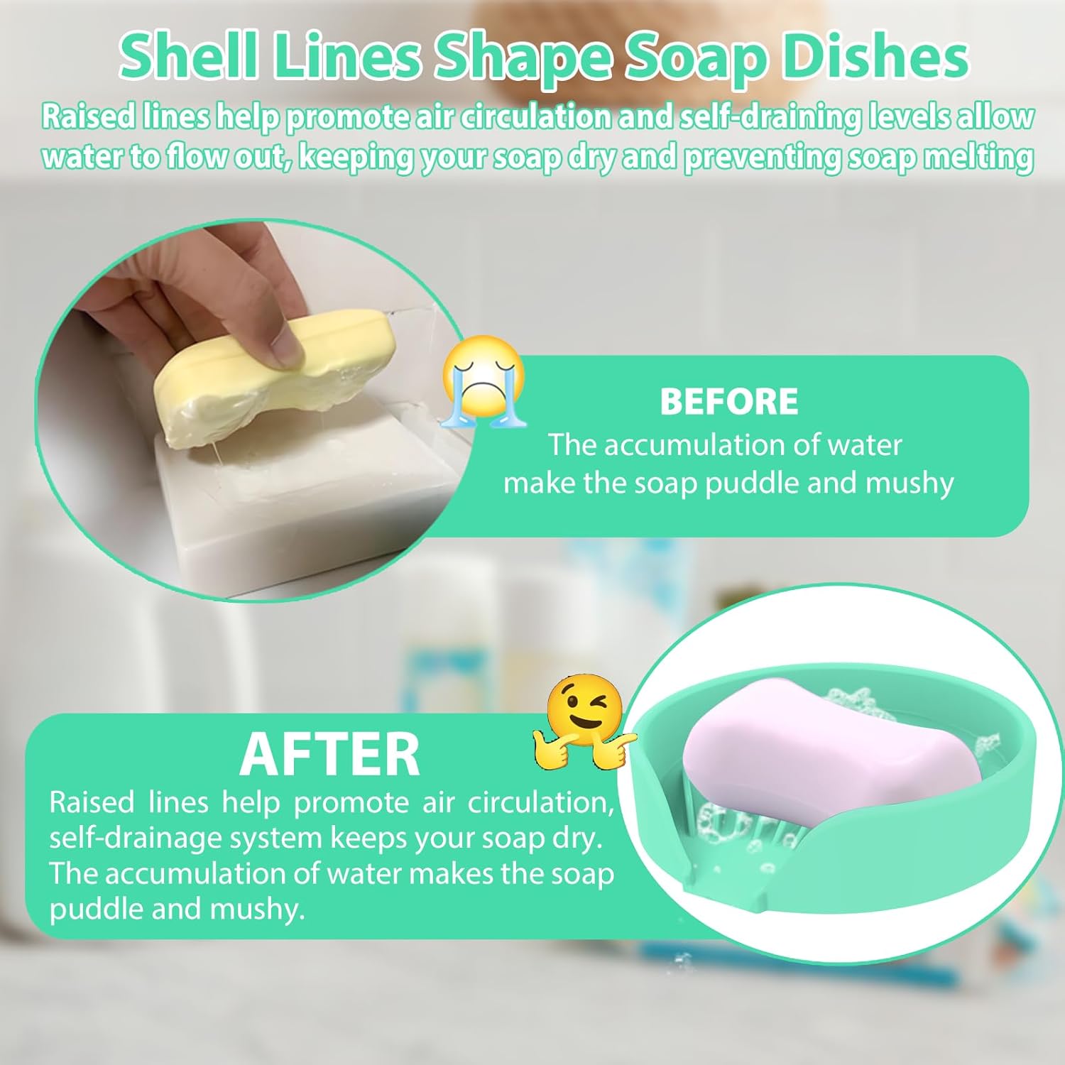 Self Draining Soap Dish, Silicone Suction Cup Soap Holder Tray Savers Container Sponge Holder for