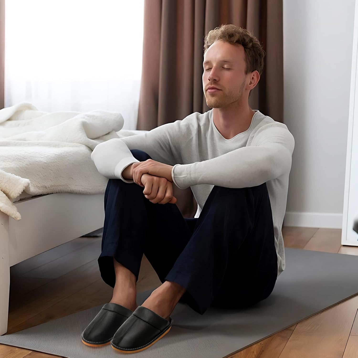 Slippers for Women Men, Genuine Leather Slippers Indoor Outdoor, Fuzzy Bedroom House Shoes for