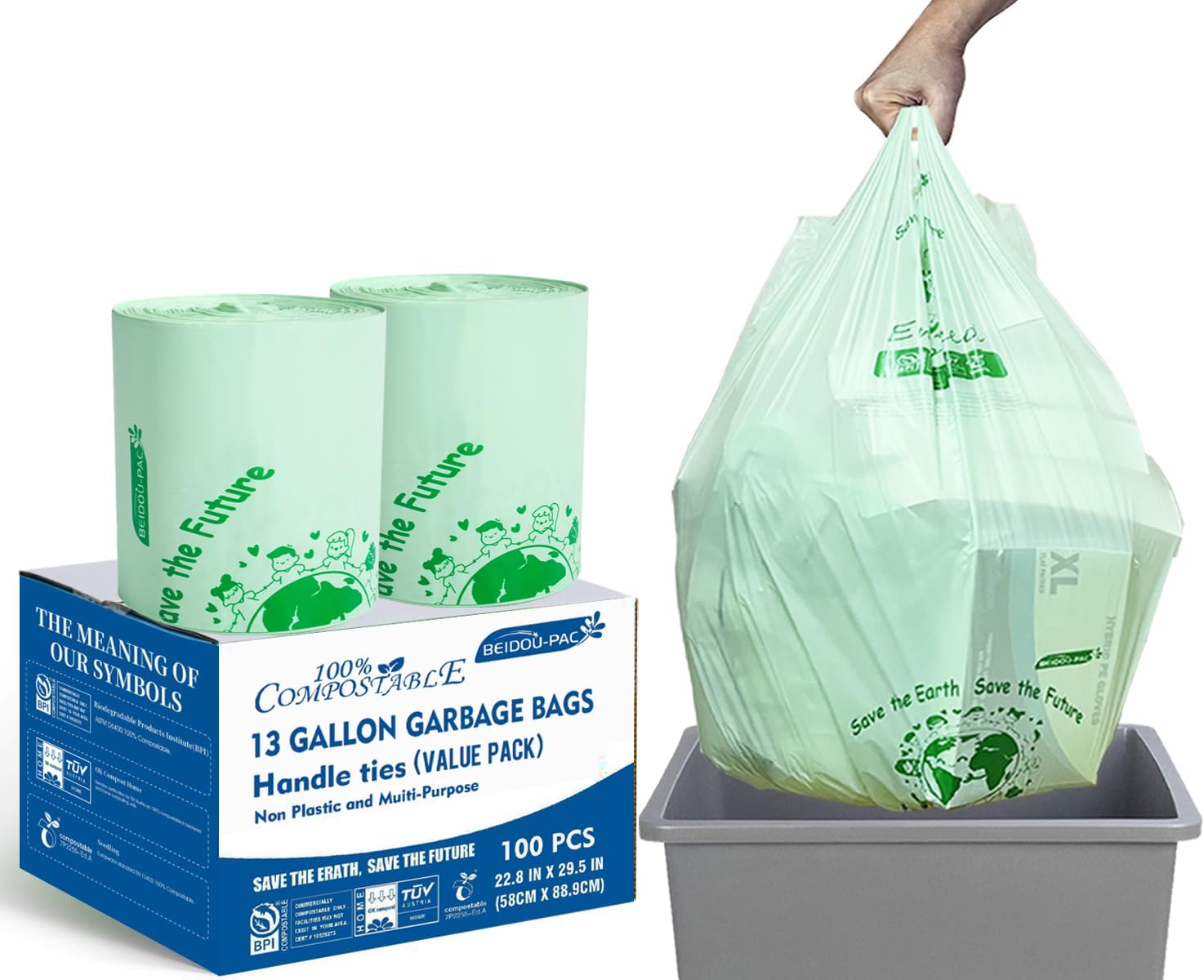 Compostable 13 Gallon Trash Bags, Tall Kitchen Garbage Bags with Handle, Sturdy Biodegradable