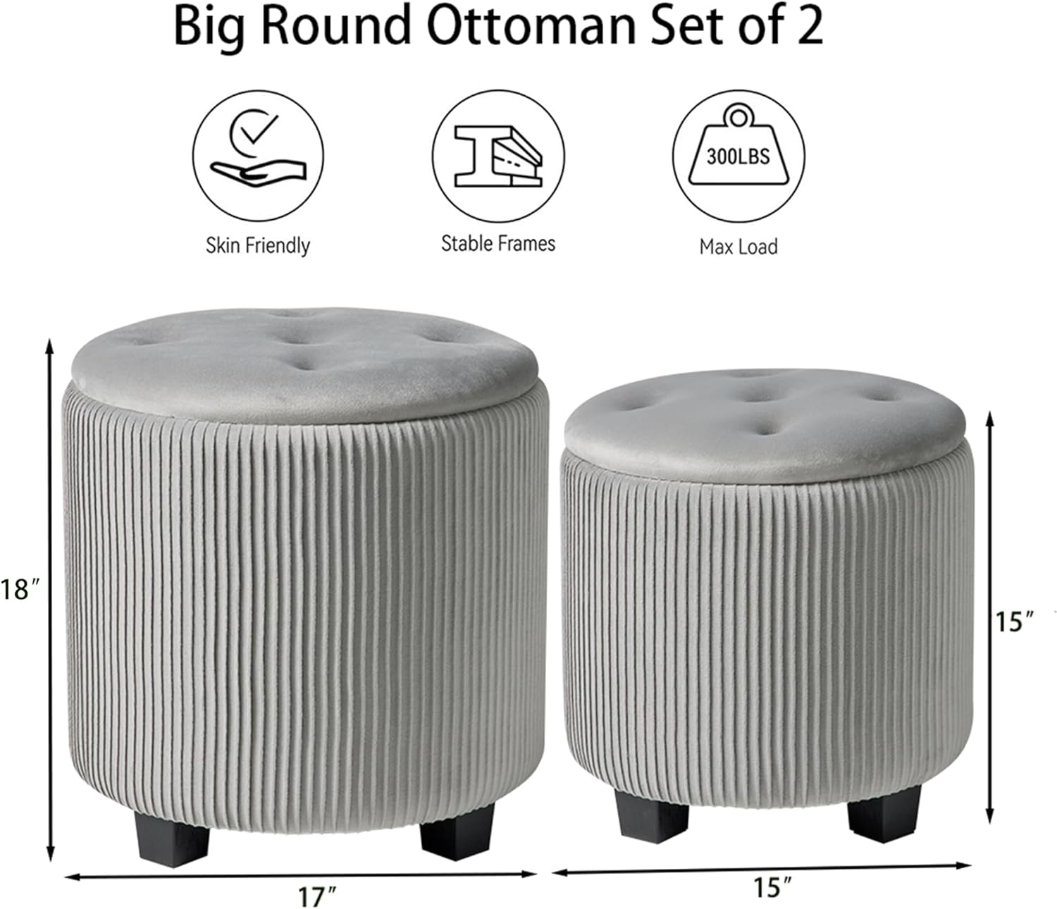 Big Round Ottoman with Storage Set of 2,Upholstered Velvet Vanity Stool for Makeup Multifunctional