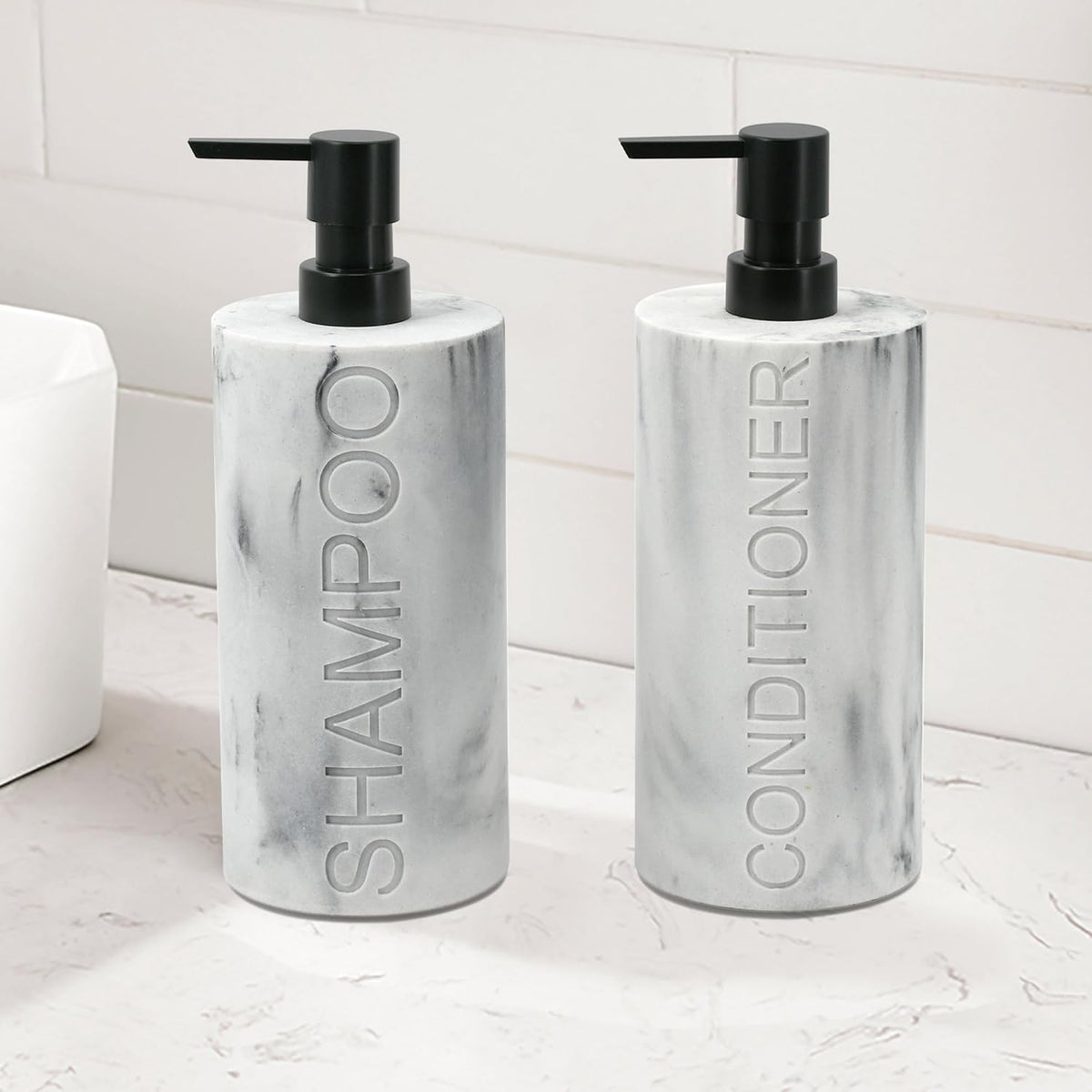 Marble Resin 2 Piece Shampoo and Conditioner Dispenser Set, Luxurious Refillable Pump Bottles with