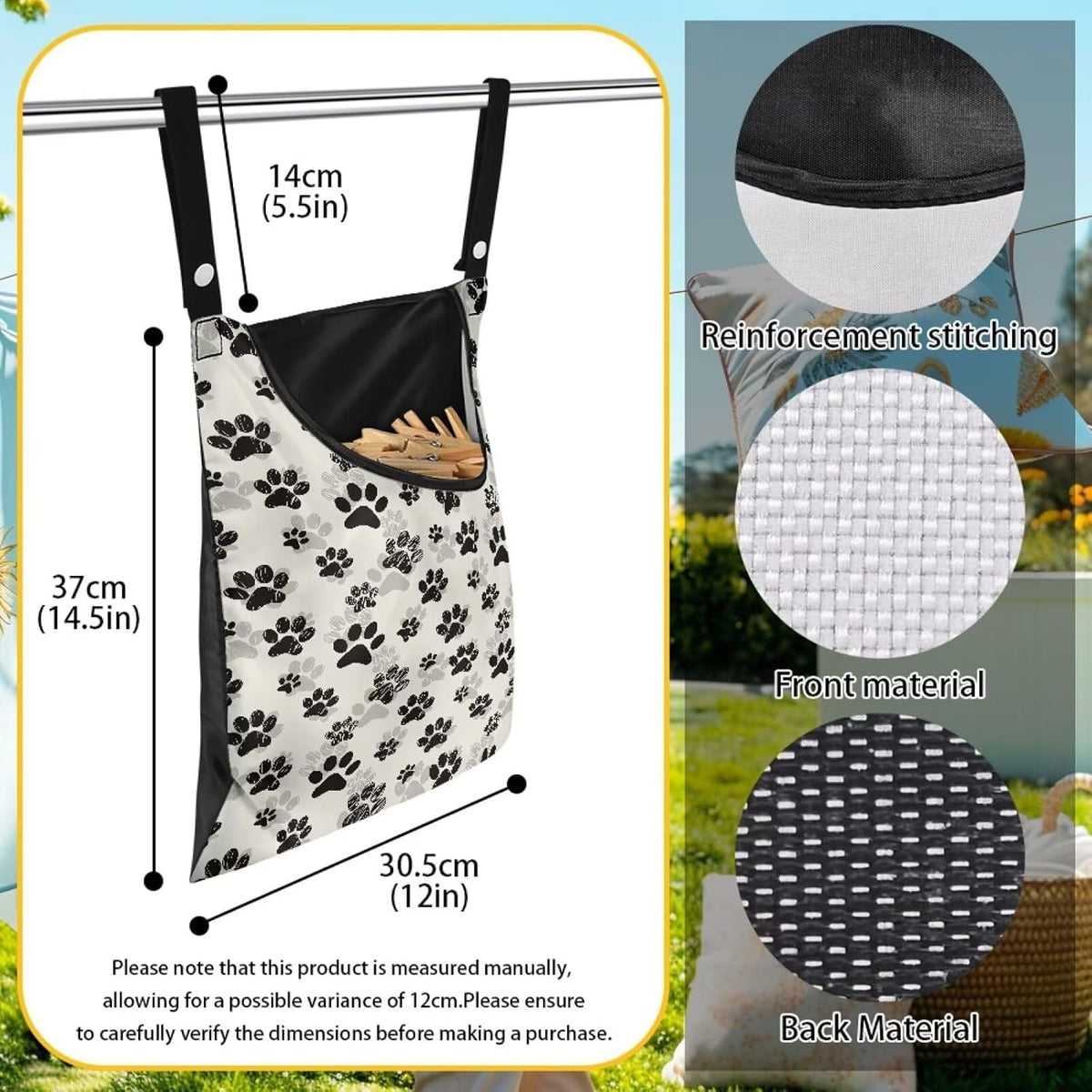 Dog Paw Print Clothespin Bag with Hanging Hook Summer Laundry Clothes Pin Holder Waterproof Clothes