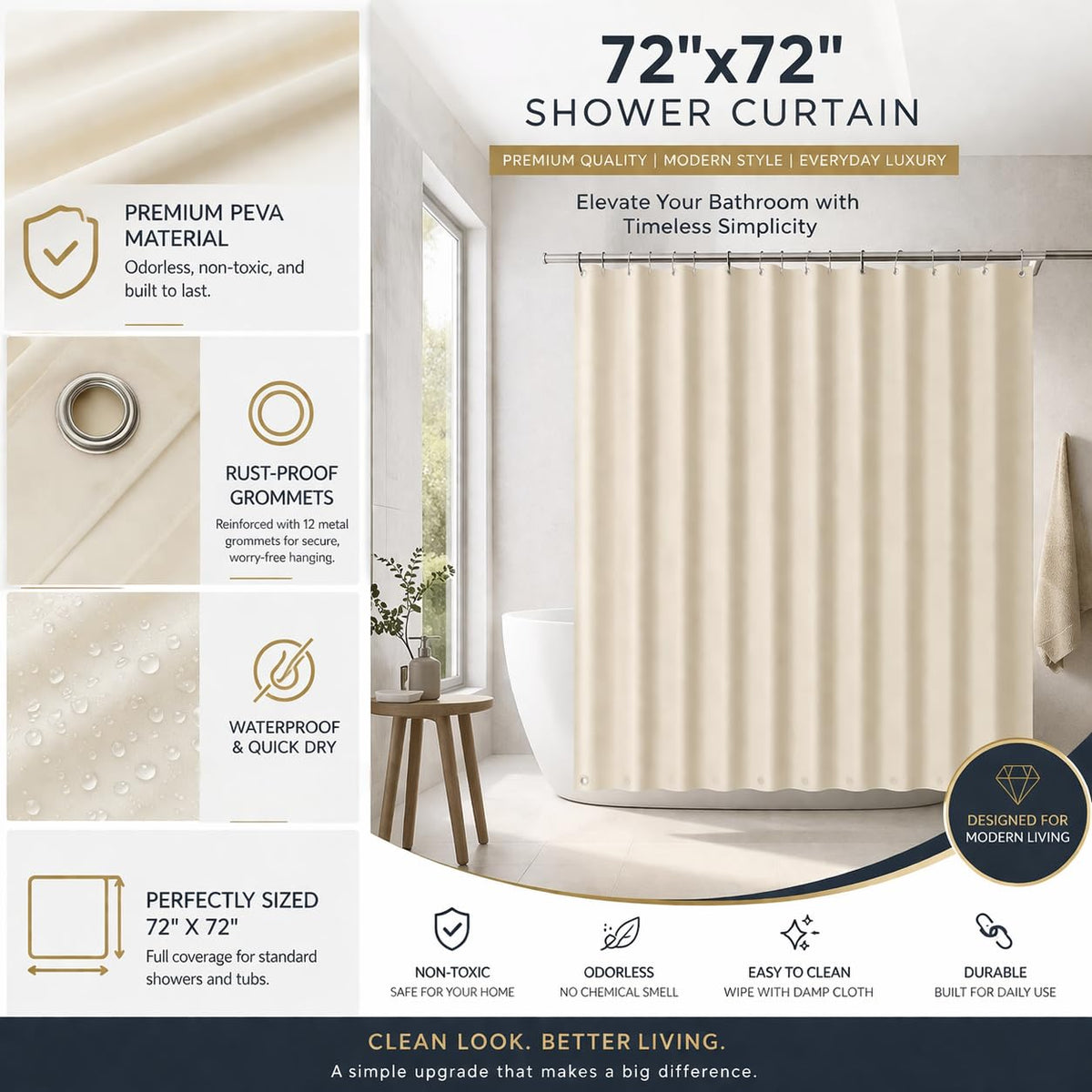 EHZNZIE Beige Shower Curtain Liner 72x72, PEVA Waterproof Bath Curtain, No Chemical Smell, 3
