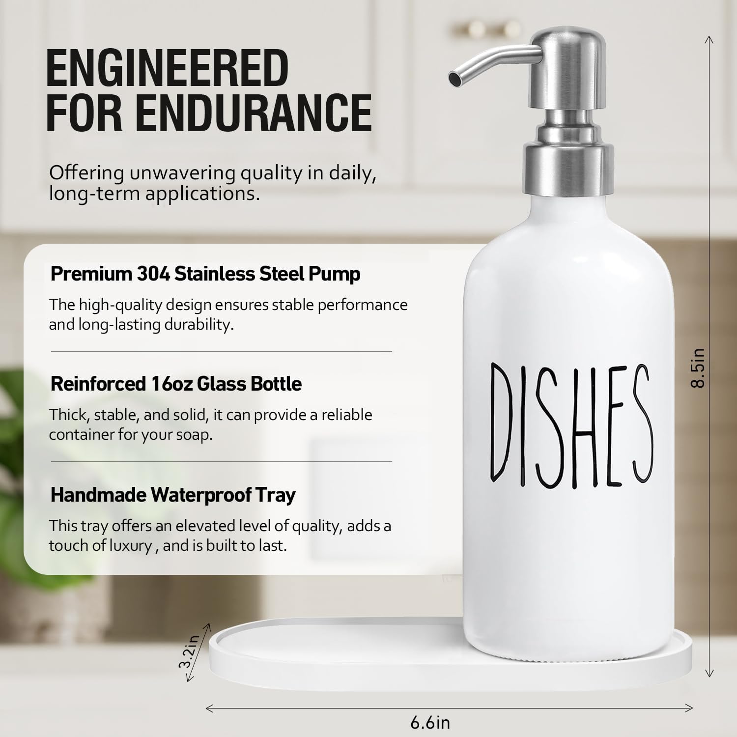 MOMEEMO Soap Dispenser for Kitchen Sink, White Soap Dispenser with Silver Metal Pump, Suitable for