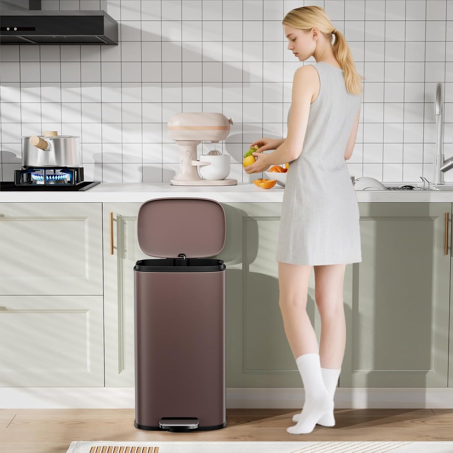 Arlopu 8 Gallon Step Trash Can, Stainless Steel Garbage Bin, Soft-Close Rubbish Bin with Removable