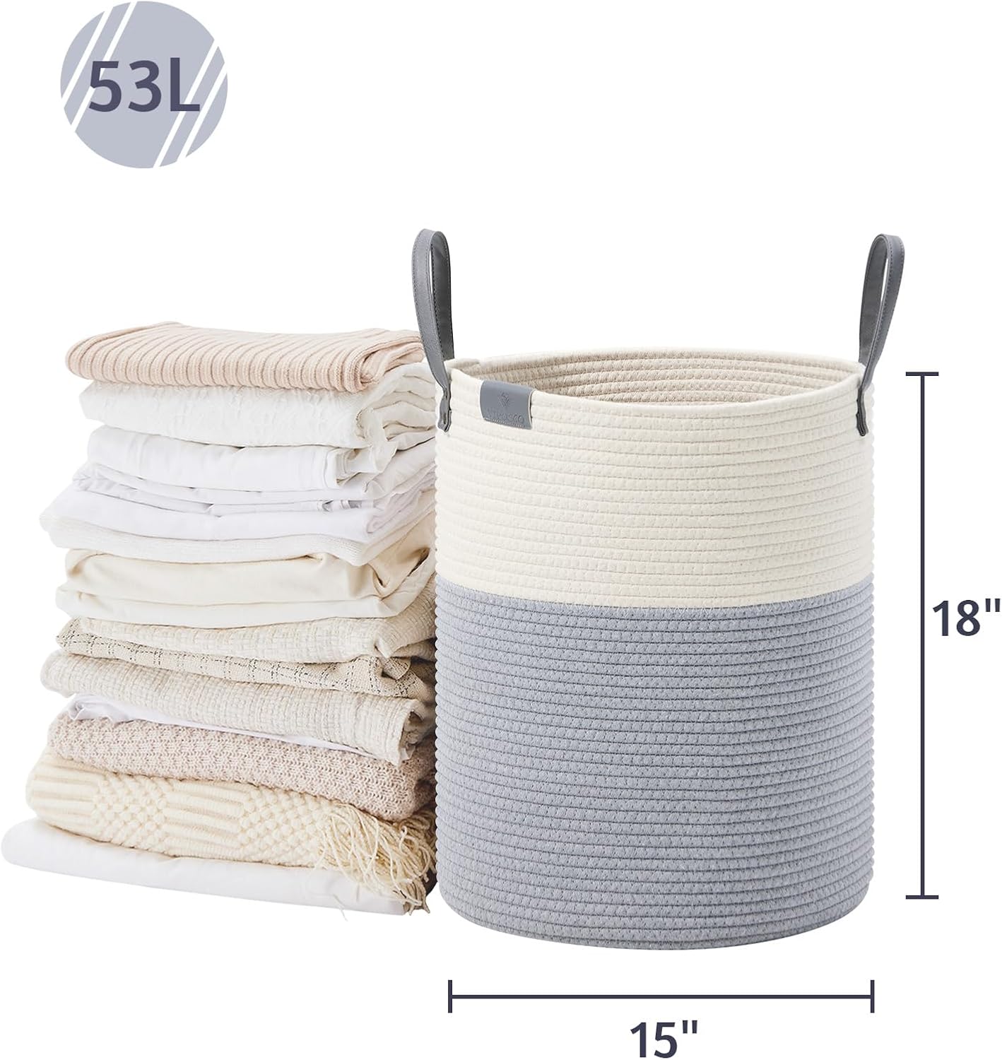 VIPOSCO Tall Laundry Basket, Large Dirty Clothes Hamper with Leather Handle, Woven Rope Storage
