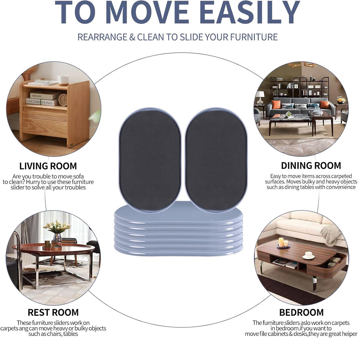 Reusable Large Furniture Movers Sliders for Carpet and Hardwood Floors-8 Pack 9-1/2" Oval Moving