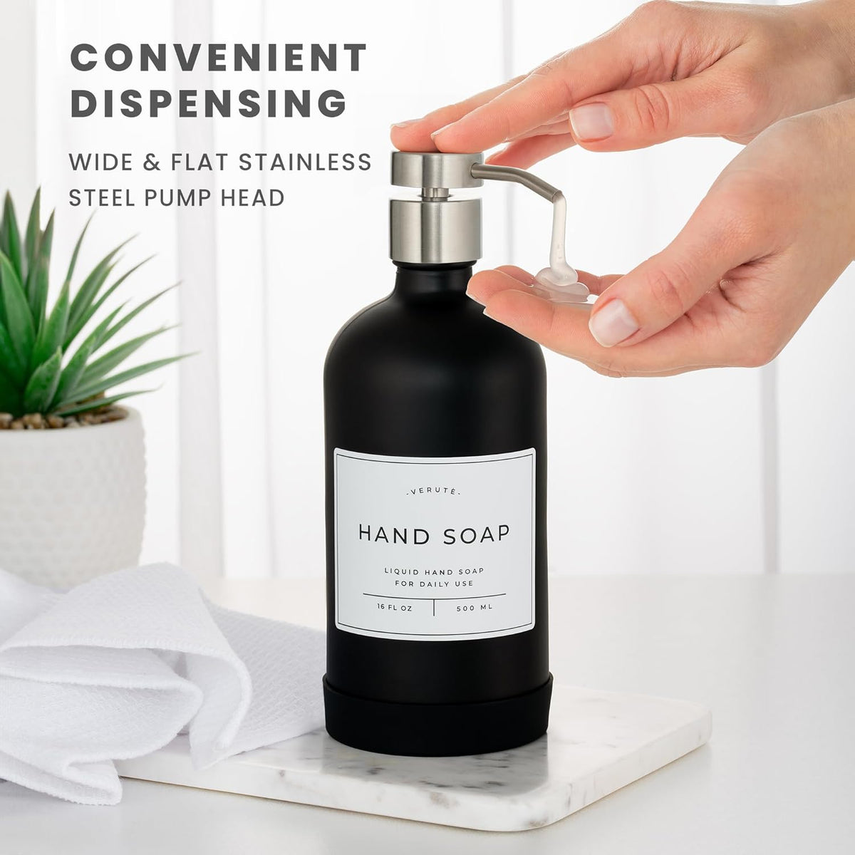 16oz Glass Soap Dispenser with Stainless Steel Pump, 21 Waterproof Labels, Non-Slip Protective