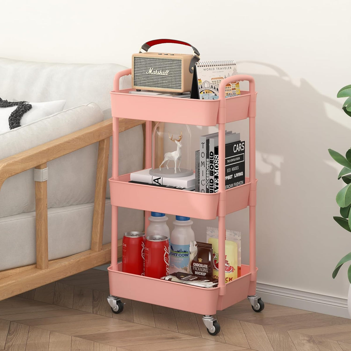 Sywhitta 3-Tier Plastic Rolling Utility Cart with Handle, Multi-Functional Storage Trolley for
