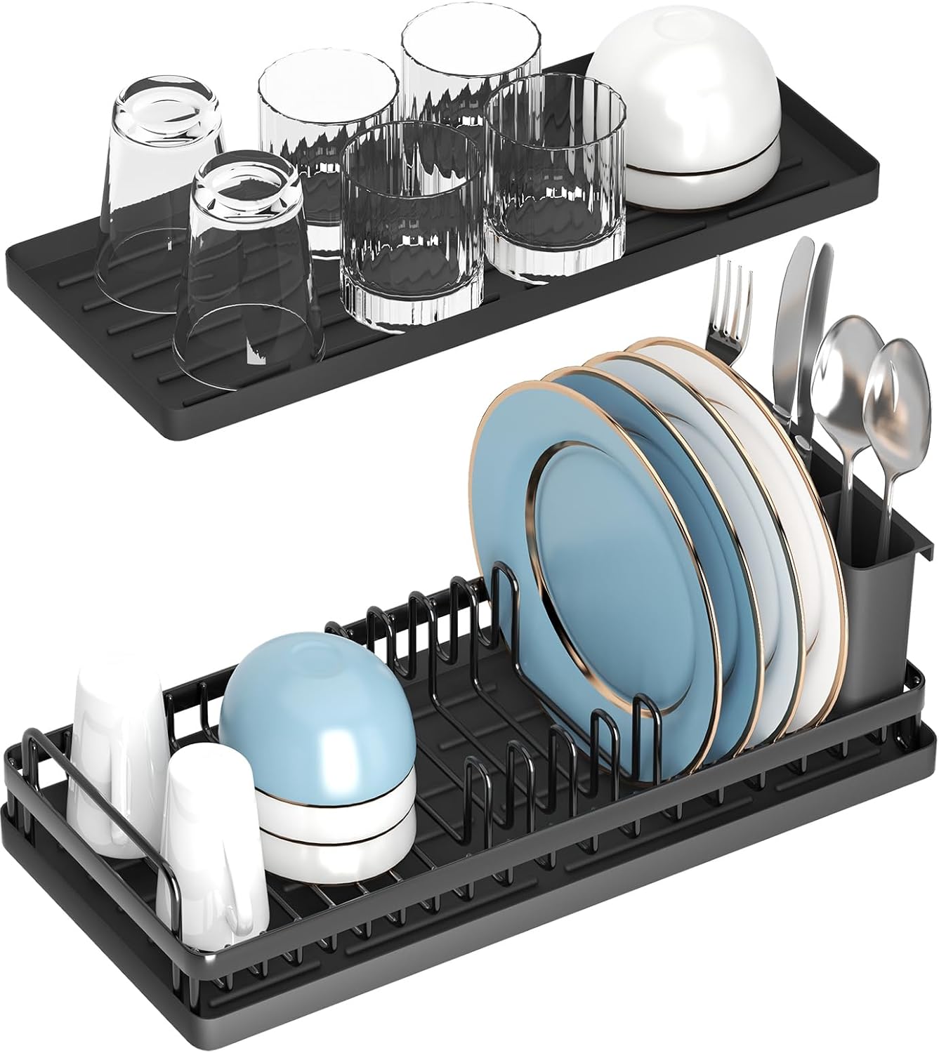 Small Dish Drying Rack, Compact Sink Dish Drainer Plate Organizer with Utensil Holder and 2pcs