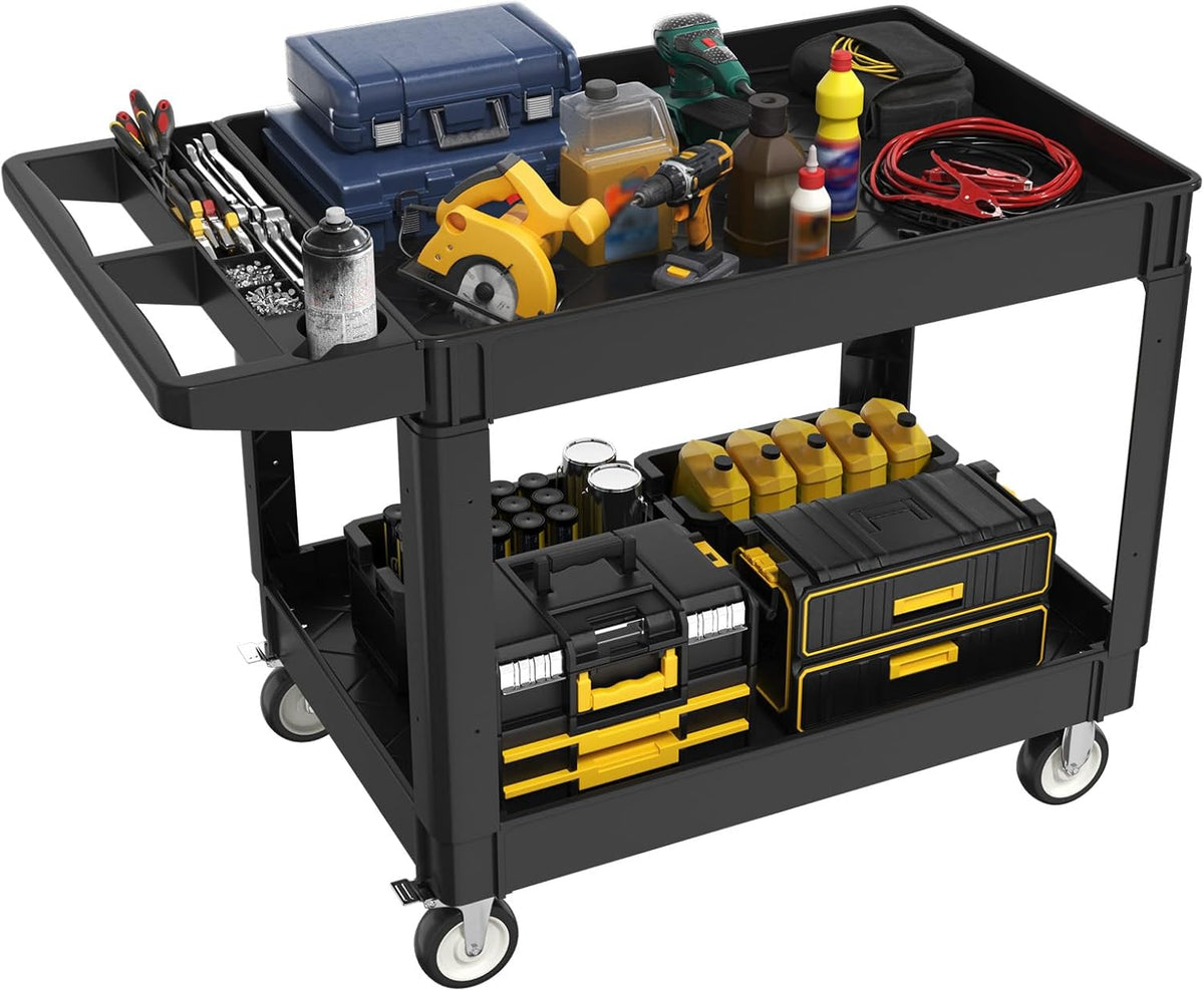 2 Tier Plastic Rolling Cart Utility Cart on Wheels, Heavy Duty Tool Carts with Ergonomic Storage