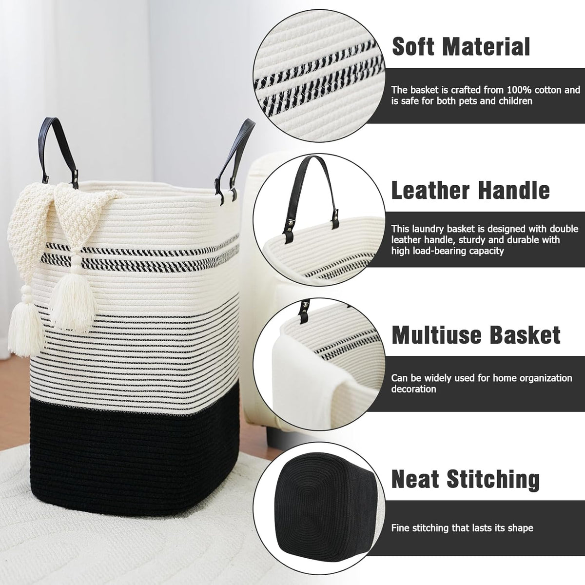danpinera 100L Nursery Hamper, Tall Woven Laundry Basket with Long Leather Handles, Boho Laundry