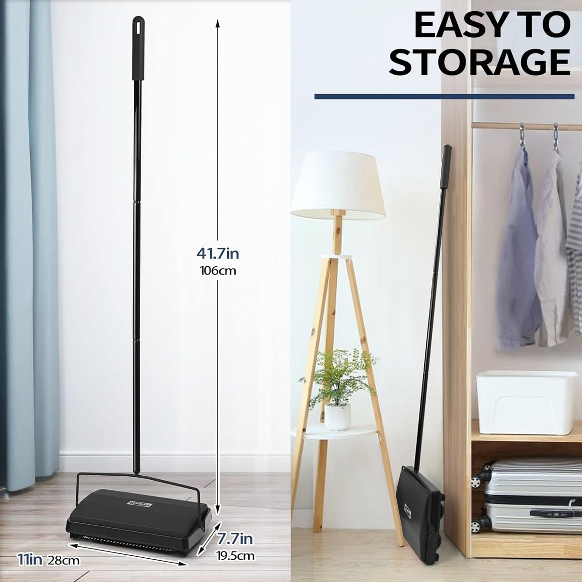 JEHONN Carpet Floor Sweeper Manual with Horsehair, Non Electric Quite Rug Roller Brush Push for