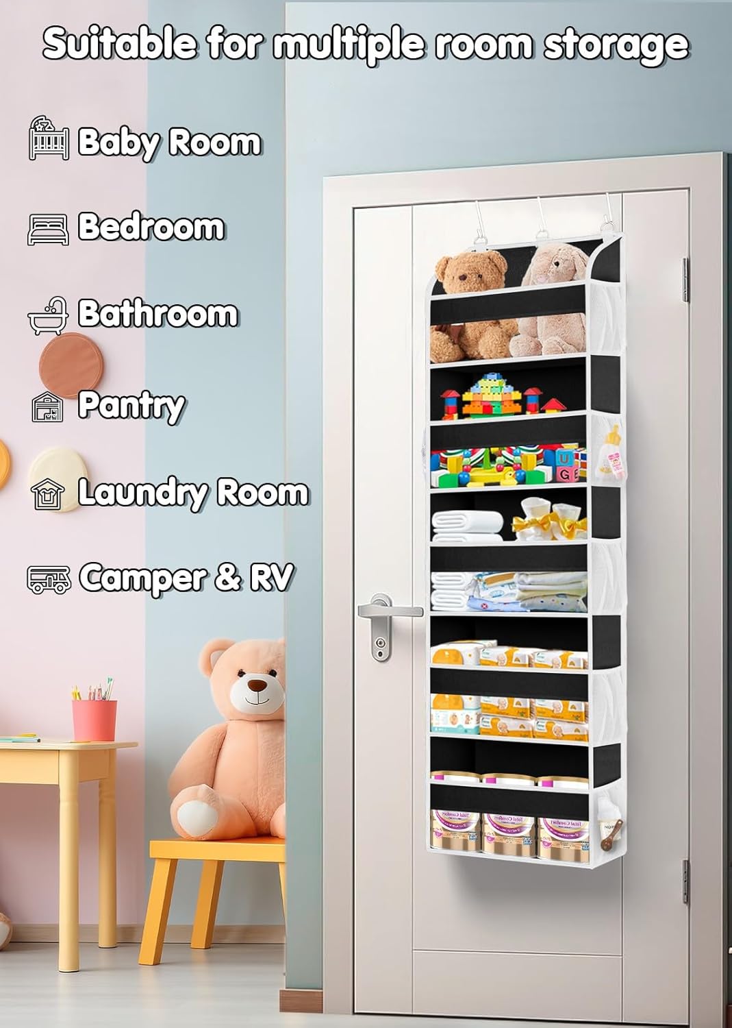 1 Pack Over The Door Storage Organizer with 5 Pockets 10 Mesh Side Pockets, 44 lbs Weight Capacity