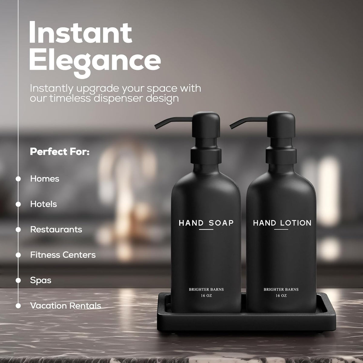 Black Glass Soap and Lotion Dispenser Set with Tray by Brighter Barns - Hand Soap Dispenser