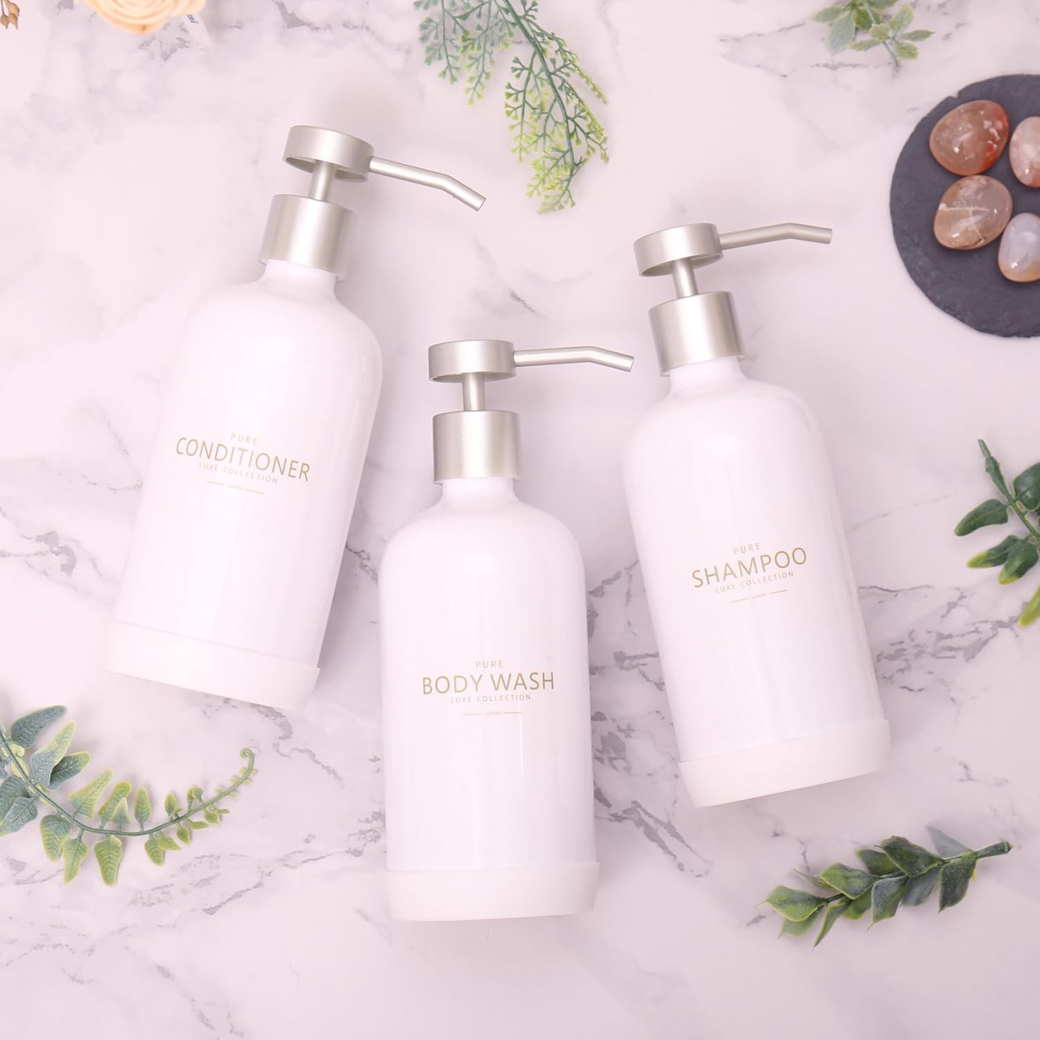 Shampoo and Conditioner Dispenser Set of 3,Refillable 21oz Shampoo Bottles with Non-Slip Protective
