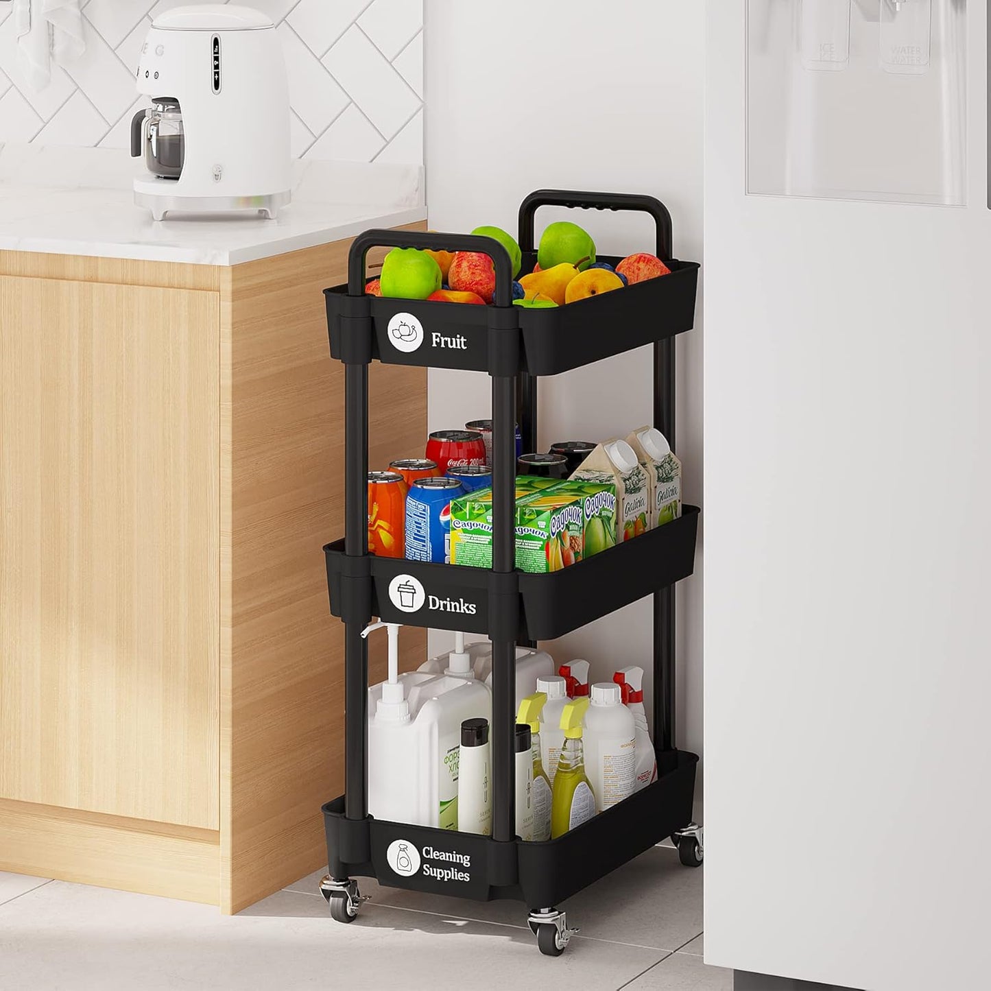 Laiensia 3-Tier Kitchen Storage Cart,Multifunction Utility Rolling Storage Organizer,Mobile