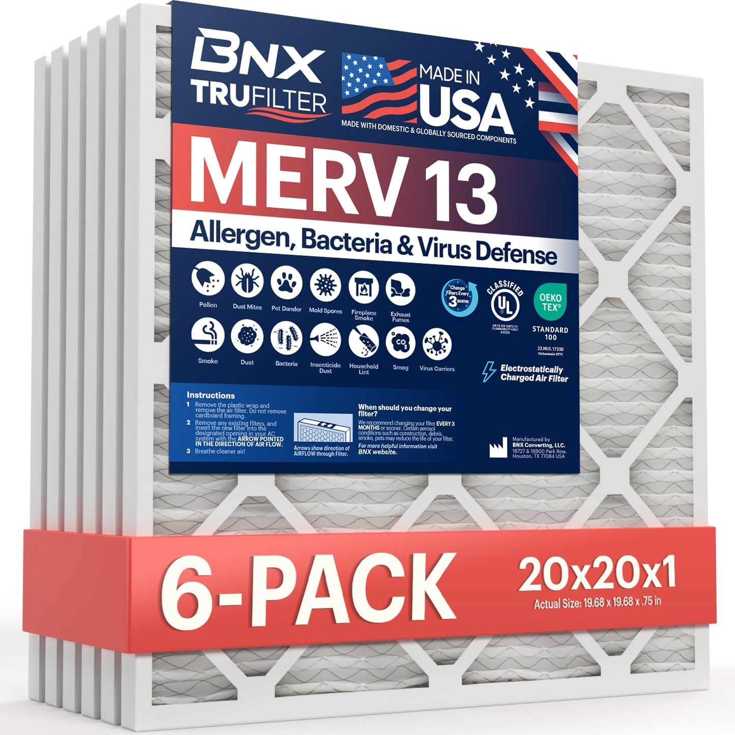 BNX TruFilter 20x20x1 Air Filter MERV 13 (6-Pack) - MADE IN USA - Electrostatic Pleated Air