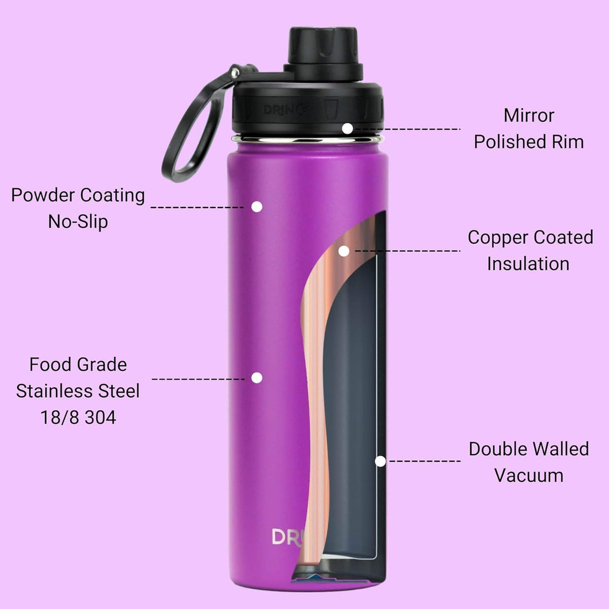 DRINCO Stainless Steel Water Bottle Spout Lid Vacuum Insulated Double Wall Water Bottle Wide Mouth