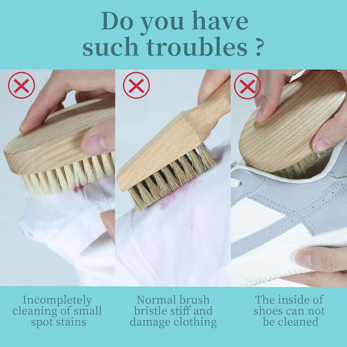 BFWood Laundry Stain Brush, Natural Soft Boar Bristles, Removes Tough Stains from Delicate Fabrics