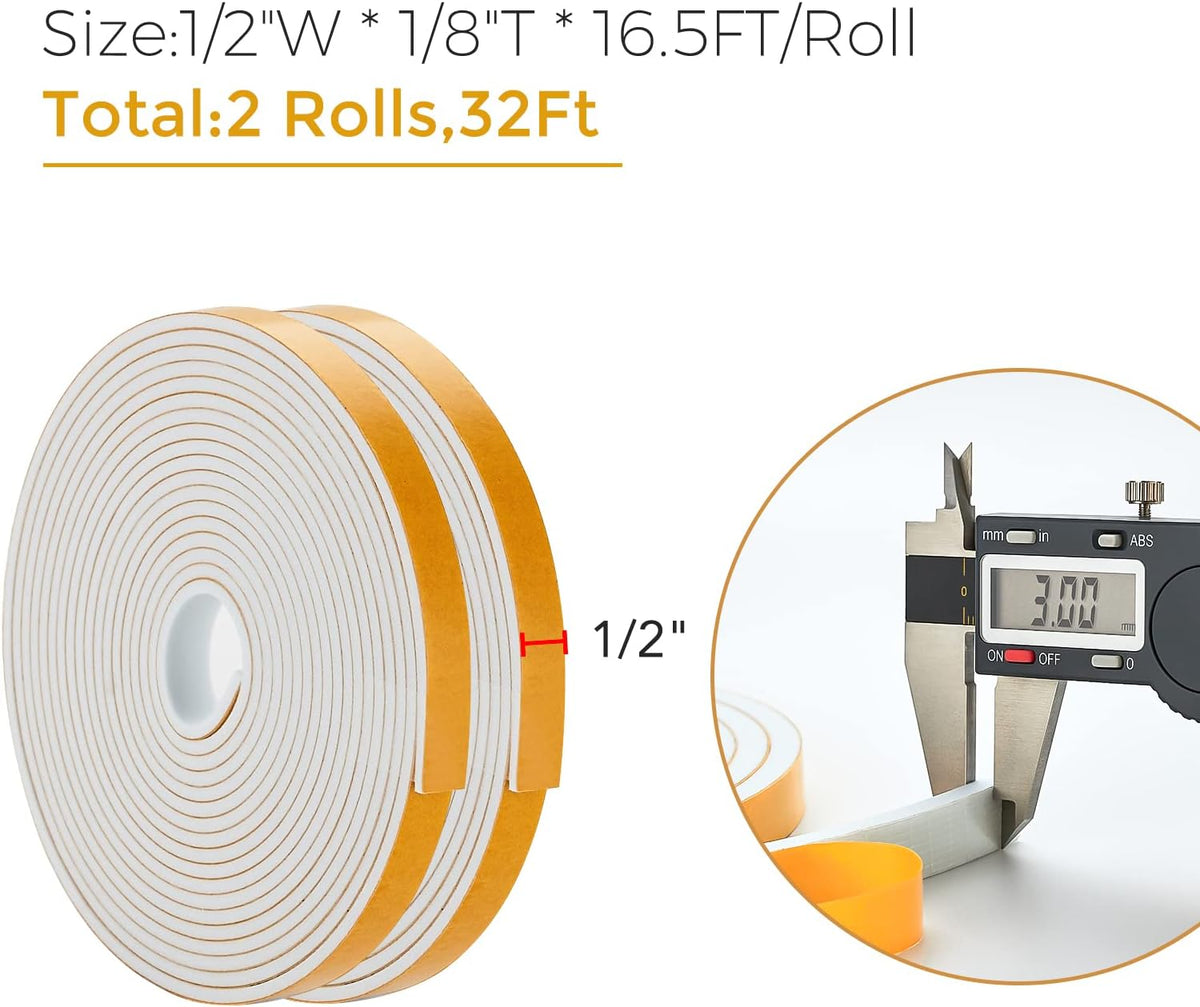 32 Feet Weather Stripping Door Seal, 1/2" Wide X 1/8" Thick Door Seal Strip High Density Foam Tape
