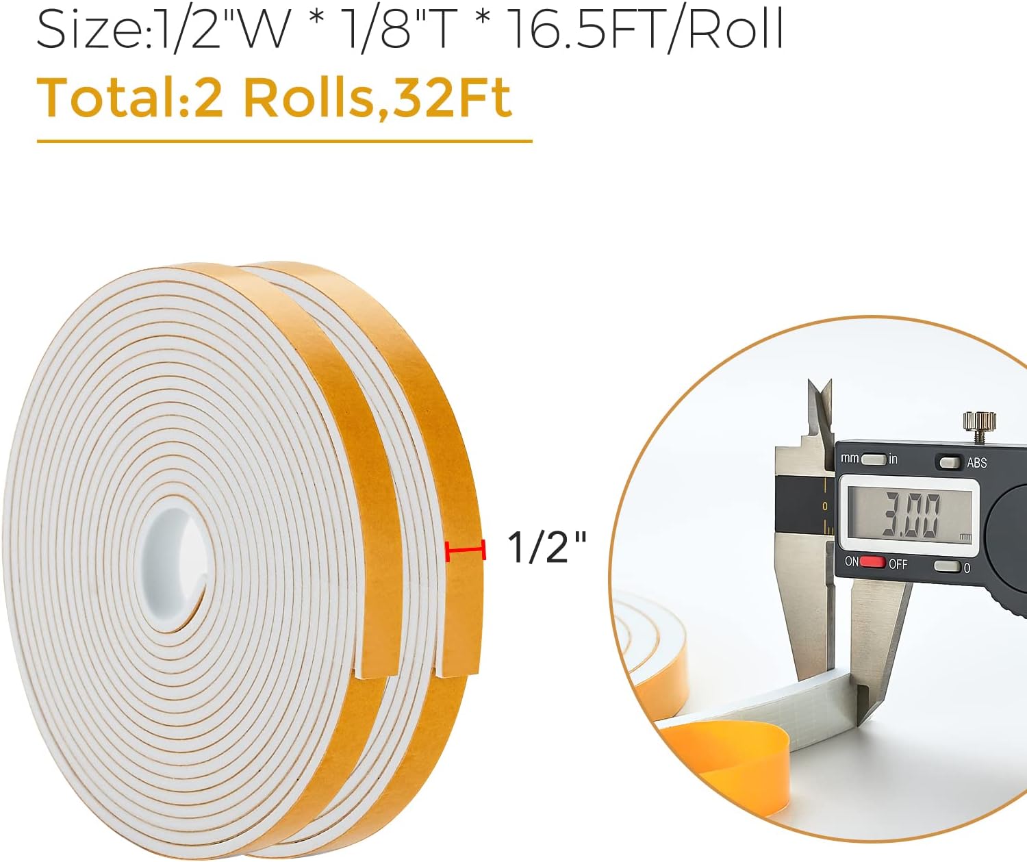 32 Feet Weather Stripping Door Seal, 1/2" Wide X 1/8" Thick Door Seal Strip High Density Foam Tape