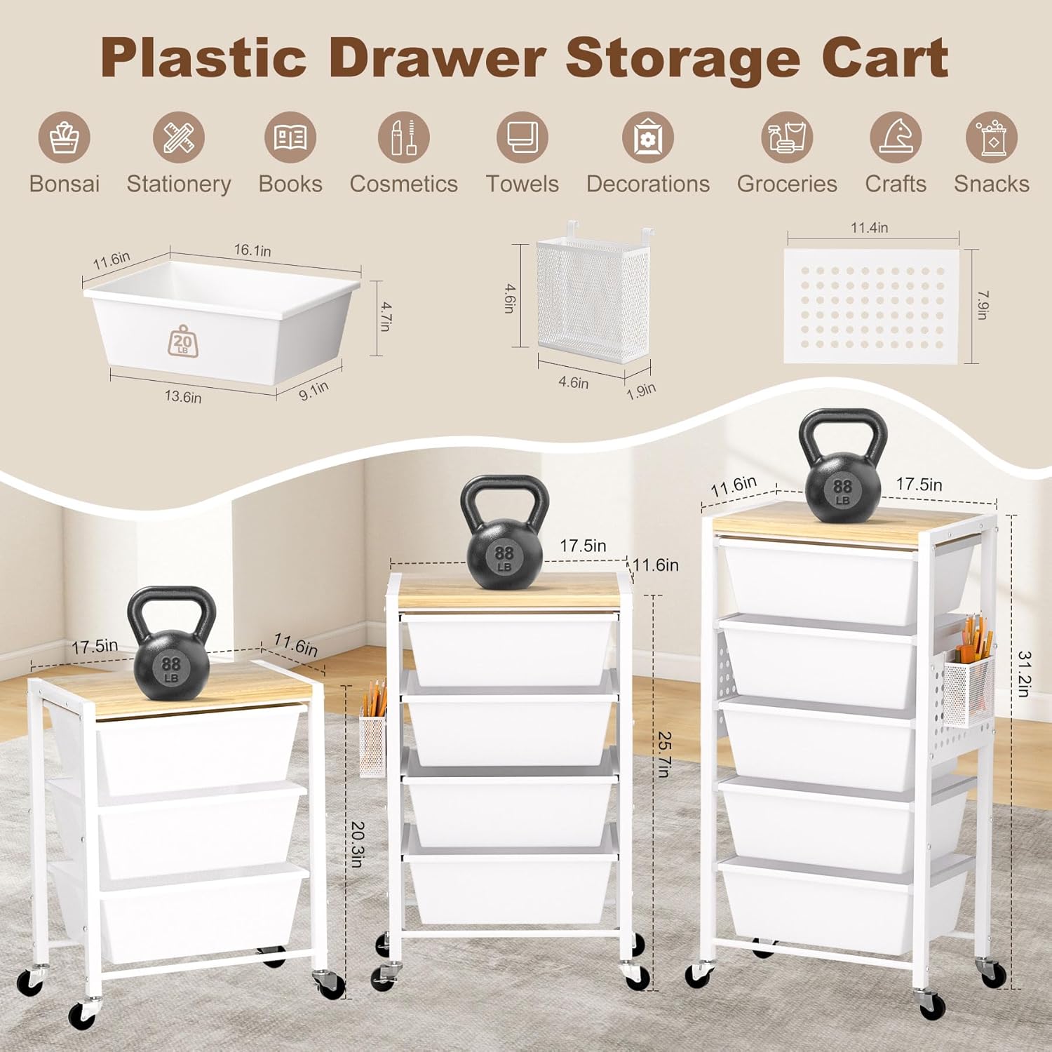 Rolling Cart with Drawers, Rolling Storage Cart with 5 Large Plastic Drawers & Wooden Tabletop