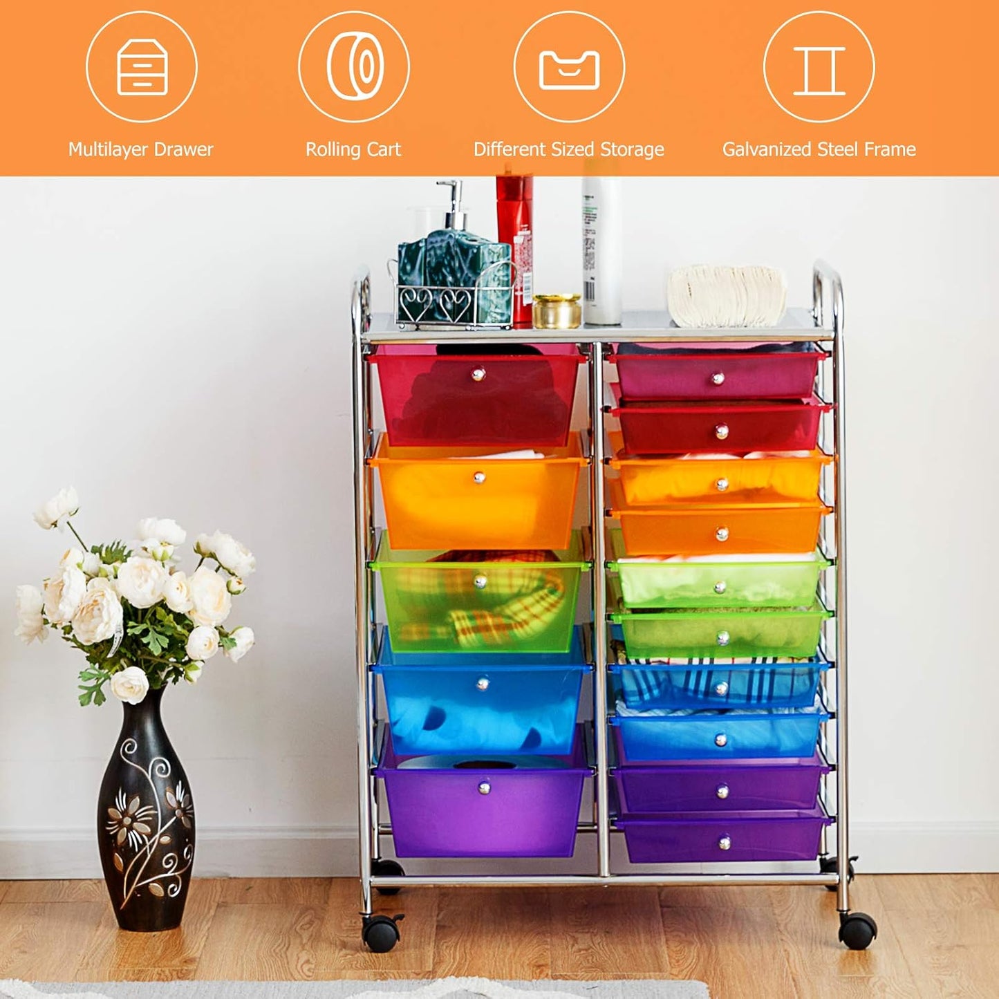 GOFLAME 15-Drawer Rolling Storage Cart, Multipurpose Movable Organizer Cart, Utility Cart for Home