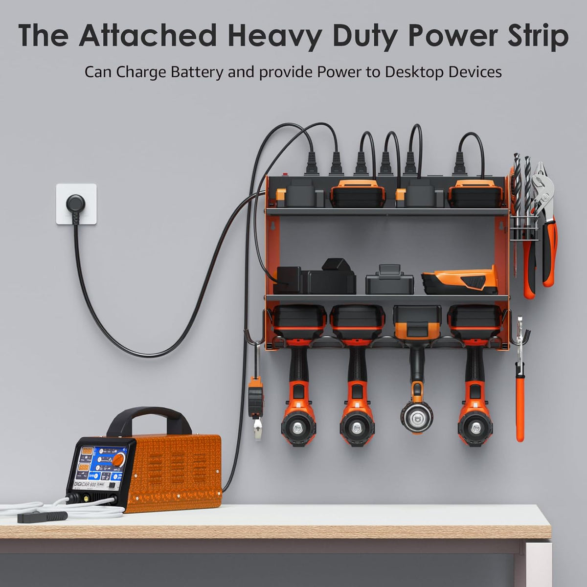 CCCEI Modular Power Tool Organizer Wall Mount with Charging Station. Garage 4 Drill Storage Shelf