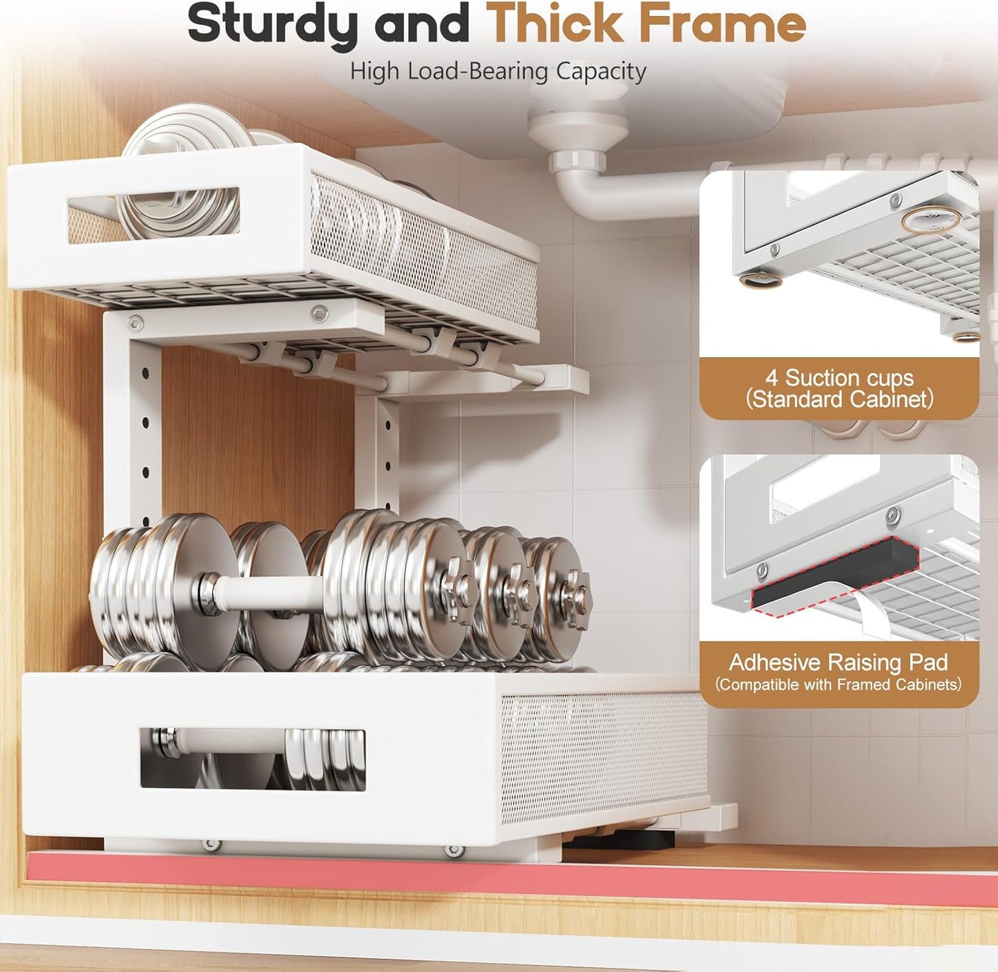 2-Pack Under Sink Storage Organizer, Large 2-Tier Elegant Mesh Pull Out Shelf for Kitchen and