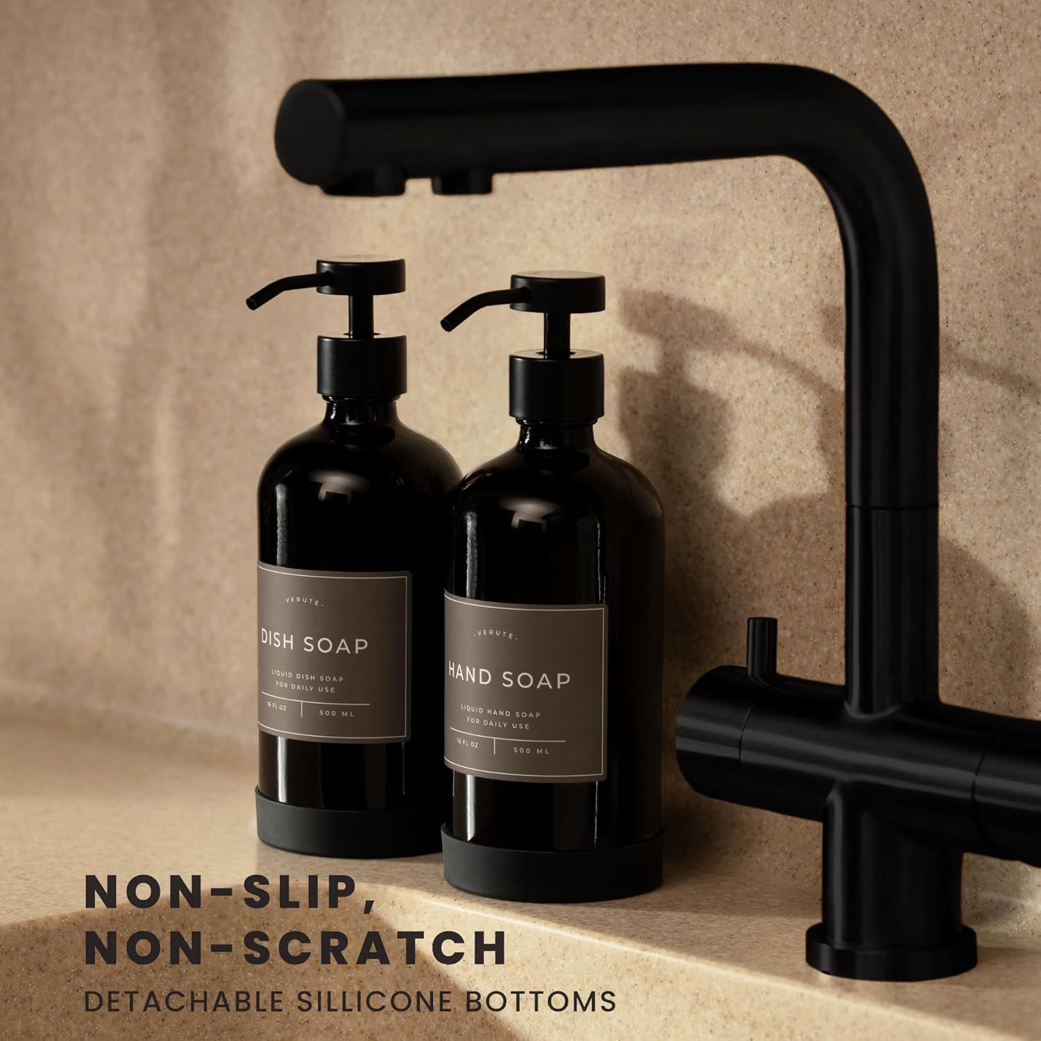 16oz Glass Soap Dispenser with Stainless Steel Pump, 21 Waterproof Labels, Non-Slip Protective