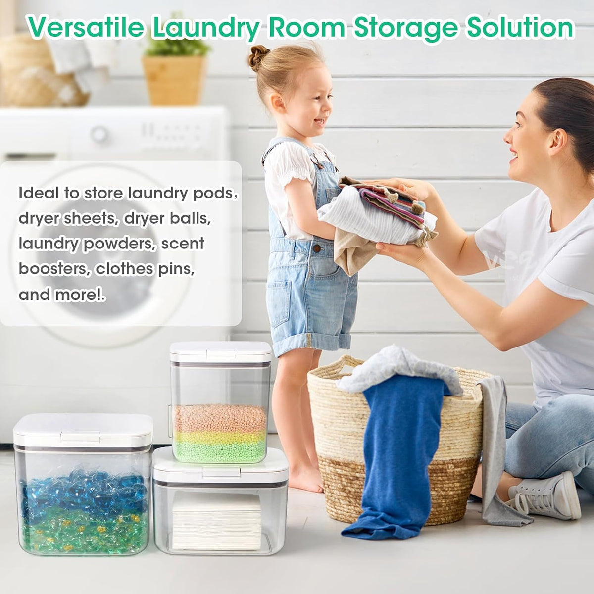 2 Pack Laundry Pods Container with One-Click Pop-up Lid, 95 oz + 68 oz Laundry Room Detergent