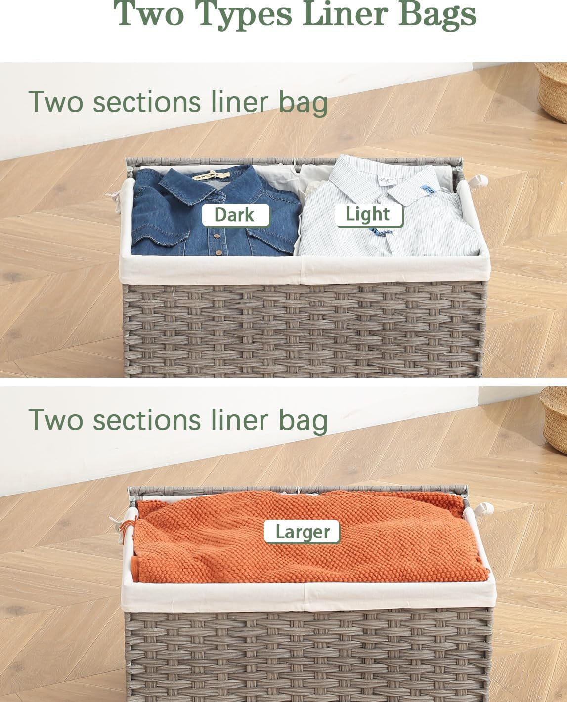 Storage Basket with Lid Rattan Storage Basket with 2 Separate Lid, 27.8 Gallon (105 L) 25.2 * 15.4