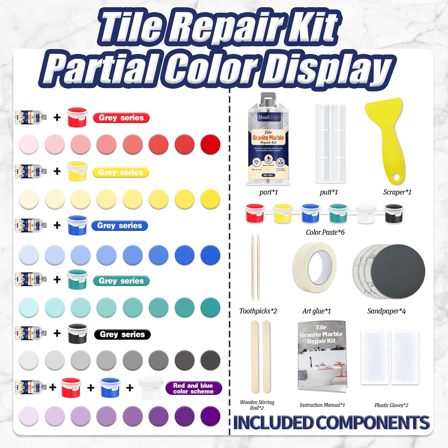 Tile and Granite/Marble Repair Kit, Porcelain Stone and Quartz Countertops Repair Kit for Chips