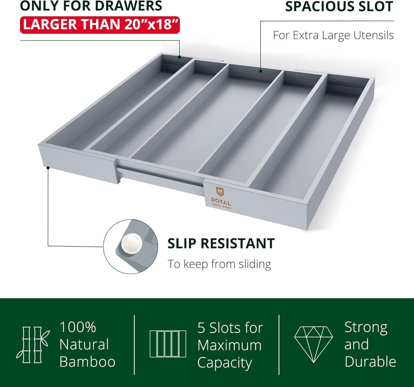 ROYAL CRAFT WOOD Luxury Bamboo Kitchen Drawer Organizer - Silverware Organizer - Utensil Holder and