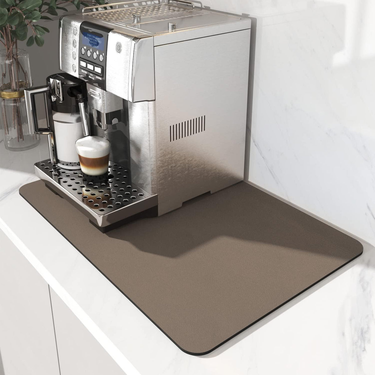 AMOAMI Coffee Mat - Hide Stain Rubber Backed Absorbent Dish Drying Mat for Kitchen Counter - Brown