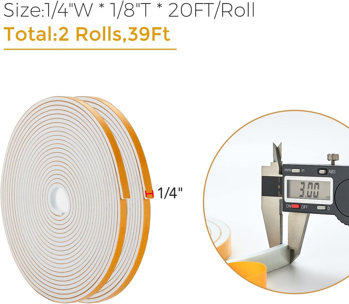 39 Feet Weather Stripping Door Seal, 1/4" Wide X 1/8" Thick Door Seal Strip High Density Foam Tape
