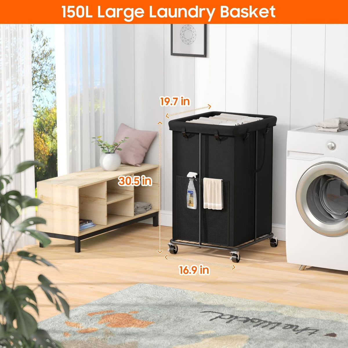 150L Laundry Hamper with Wheels, Rolling Laundry Basket with Metal Frame and Removable Bag, Large &