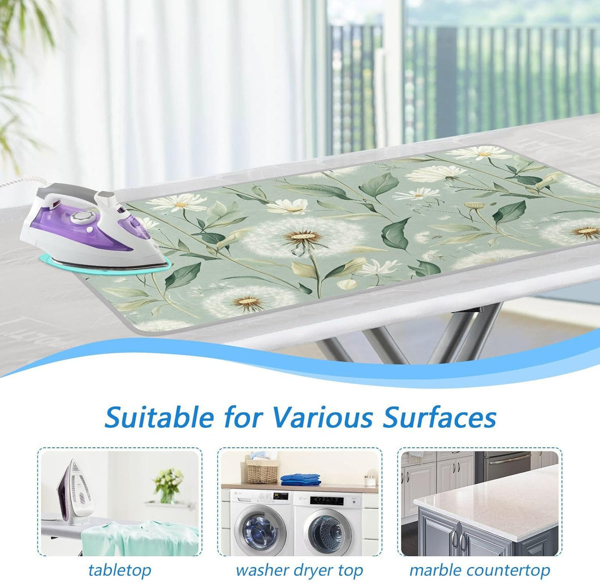 Sage Green Dandelions Flower Ironing Mat for Table top Portable Ironing Pad Blanket for Washer