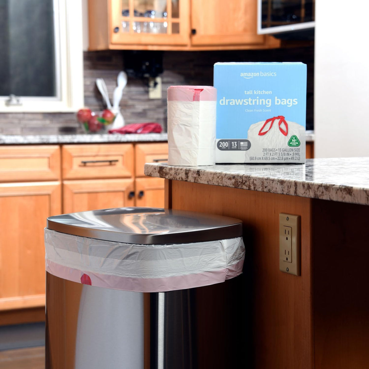 Amazon Basics 13 Gallon Tall Kitchen Drawstring Trash Bags, Clean Fresh Scnet, 10% Post Consumer