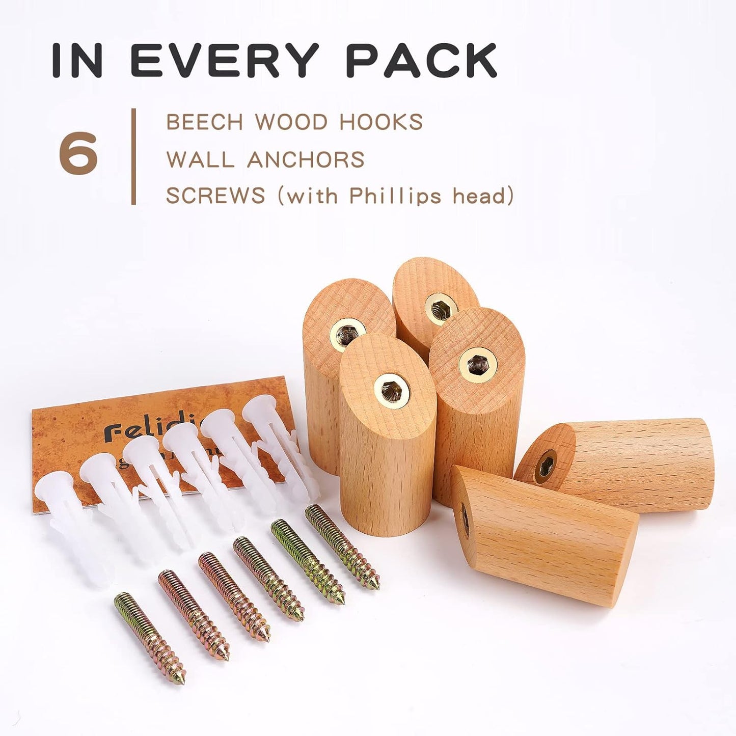 Wood Wall Hooks, 6 Pack Natural Wooden Coat Hooks Wall-Mounted, Rustic Heavy Duty Hook for Hanging